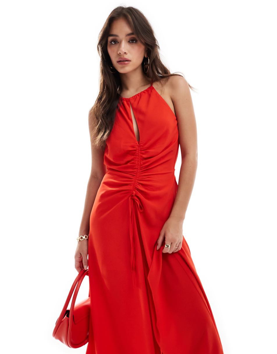 ASOS DESIGN high neck ruched front midi dress in red