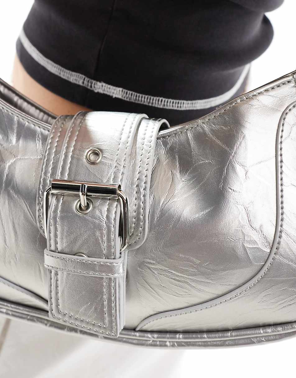 Glamorous buckle front shoulder bag in silver metallic