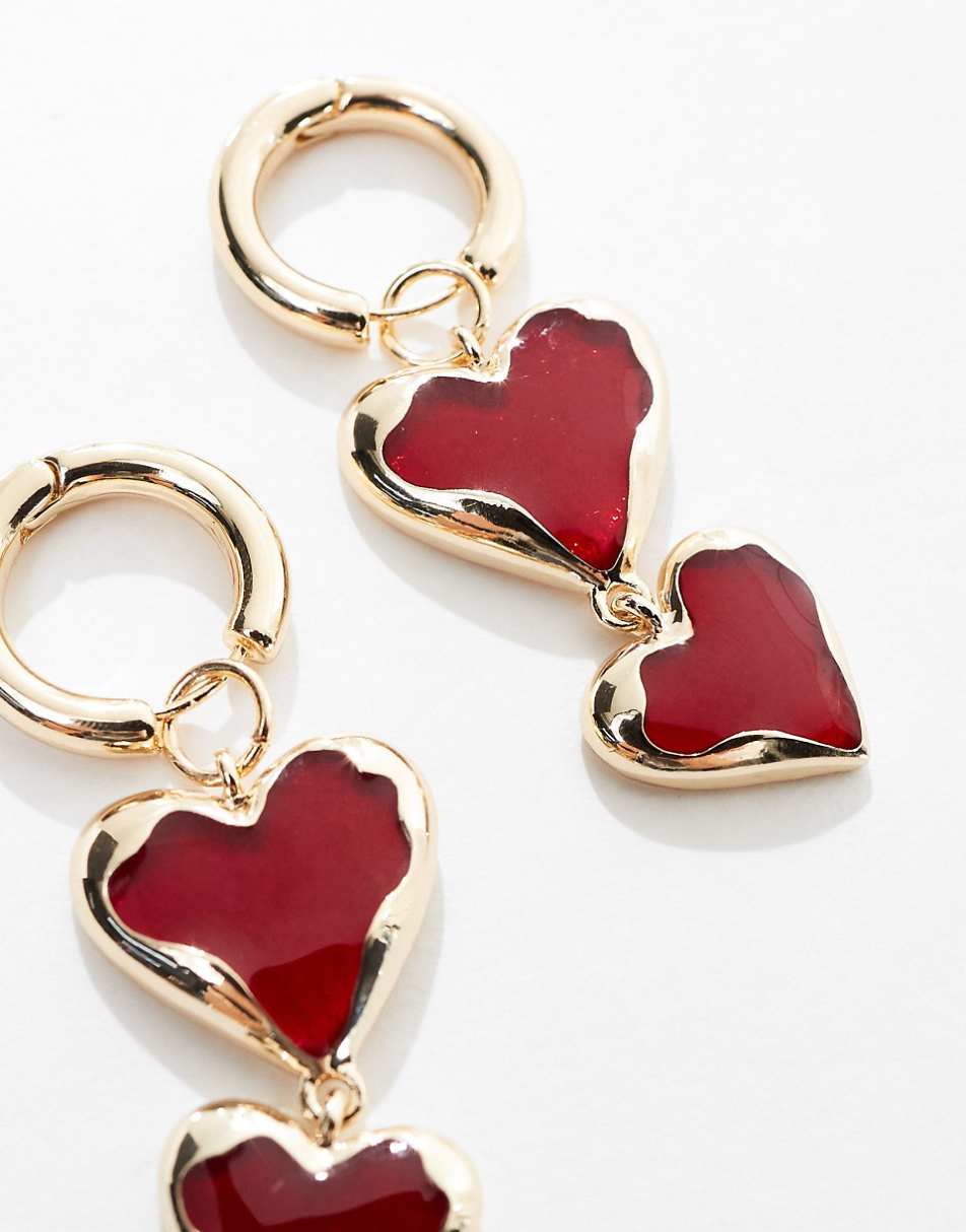 ASOS DESIGN drop earrings with red heart detail in gold tone