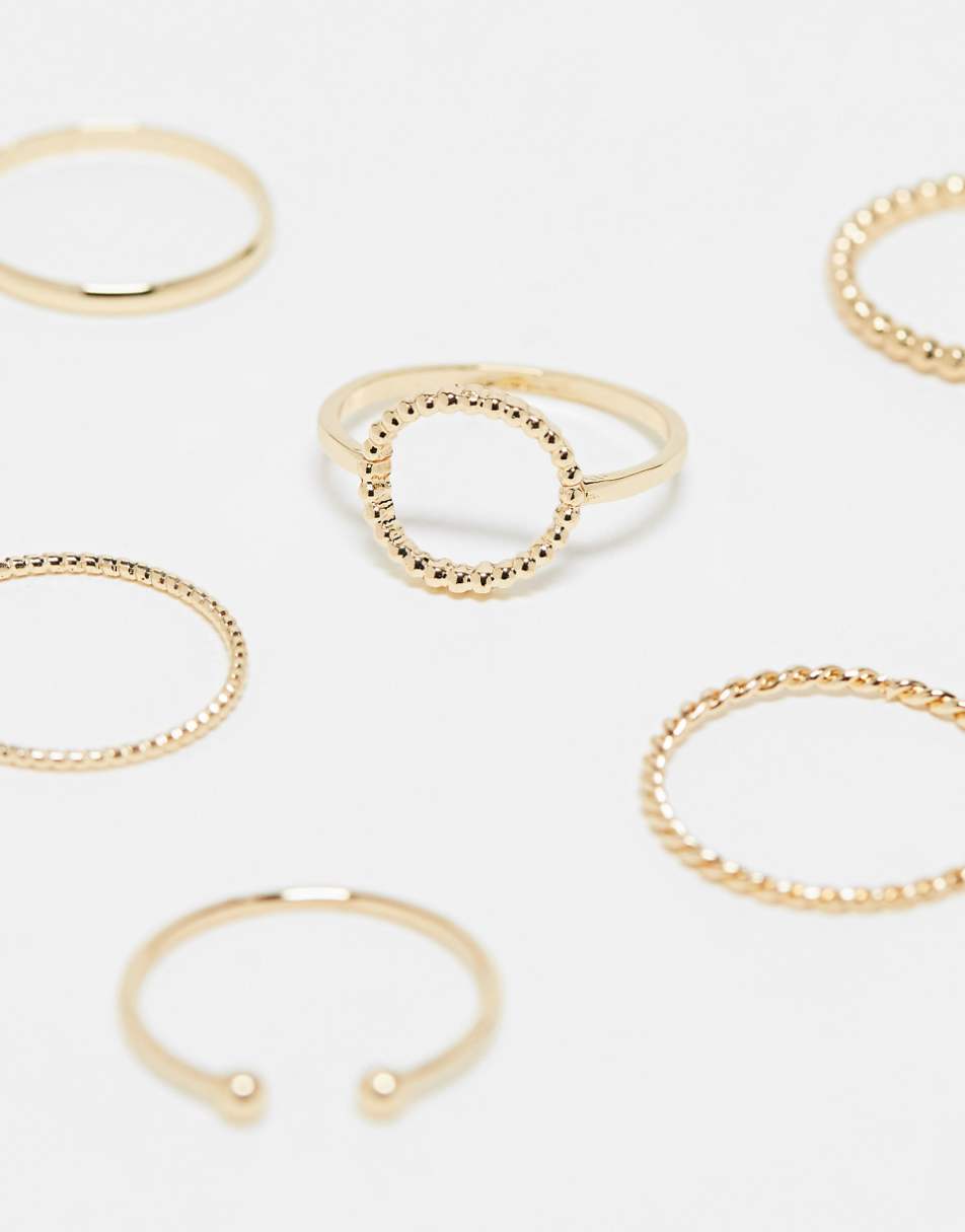 ASOS DESIGN Curve pack of 6 rings with open circle detail in gold tone