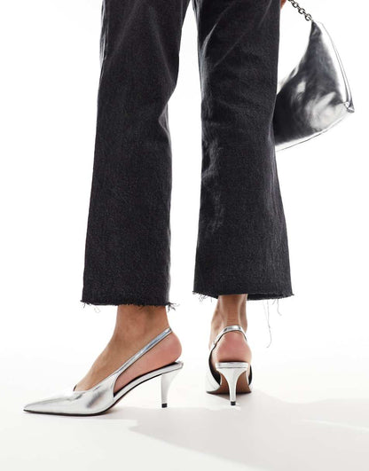 ASOS DESIGN Shake slingback kitten heels in silver