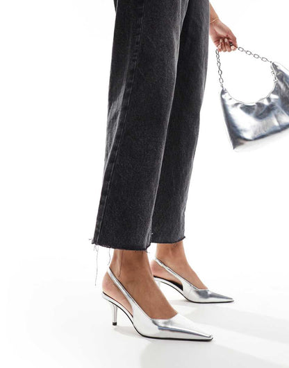 ASOS DESIGN Shake slingback kitten heels in silver