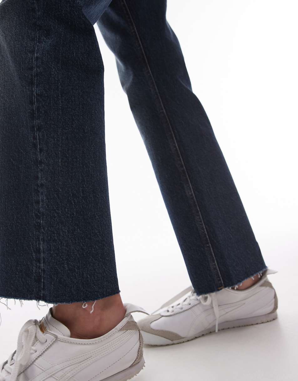 Topshop cropped mid rise straight jeans with raw hems in filthy rich blue