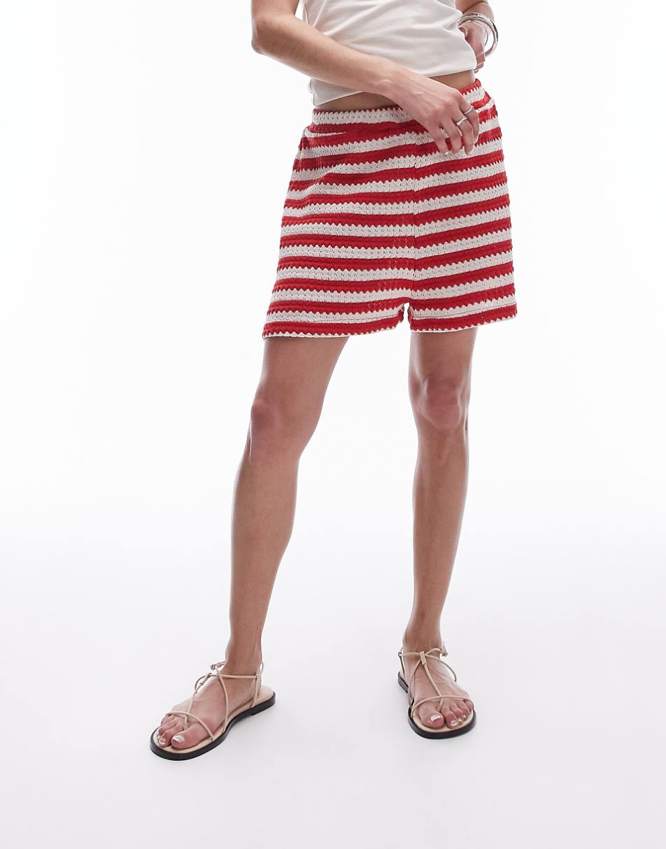 Topshop stripe knit beach shorts in red