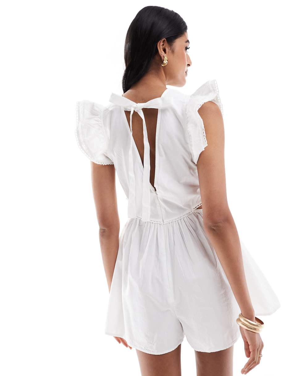 ASOS DESIGN cut-out waist ruffle sleeve romper in white