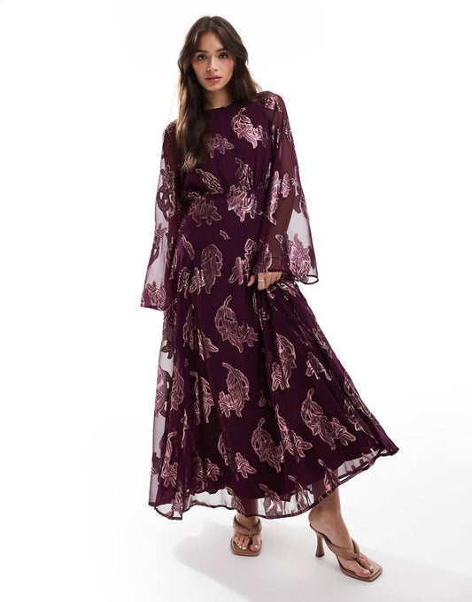 ASOS DESIGN metallic long sleeve midi dress with frill cuffs in purple