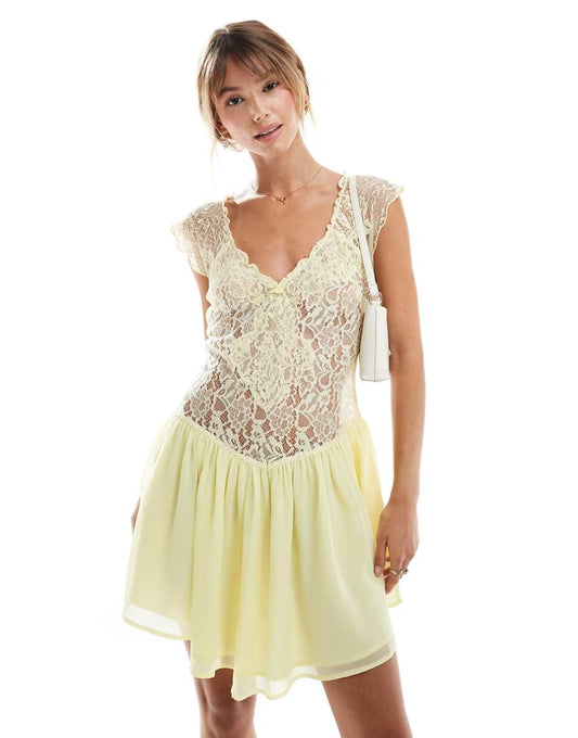 ASOS DESIGN Mixed lace mini tea dress in lemon yellow