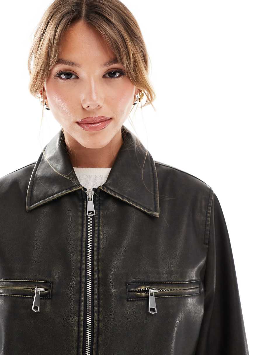 ASOS DESIGN washed leather look harrington jacket in black