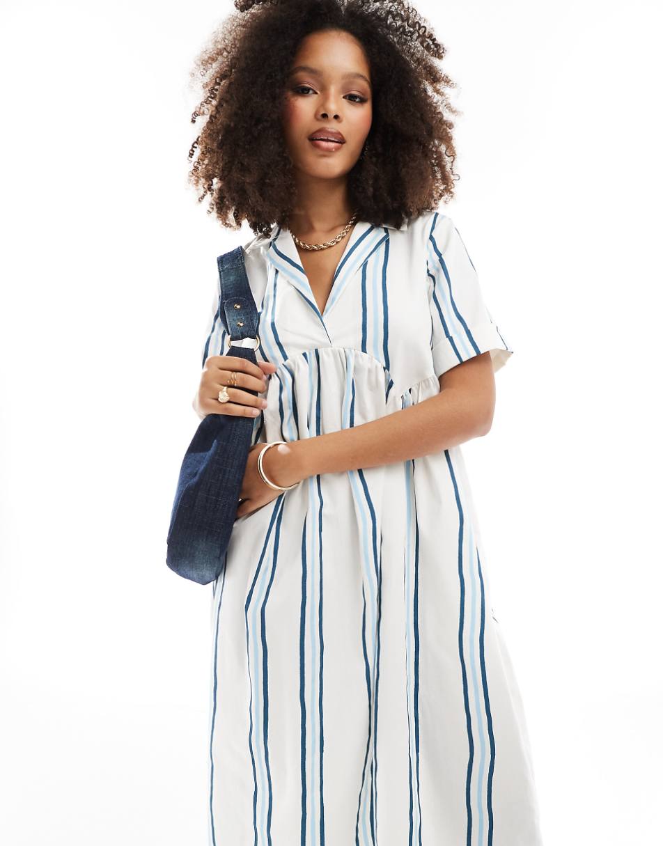 ASOS DESIGN midi shirt dress with camp collar and corset hem in two tone stripe