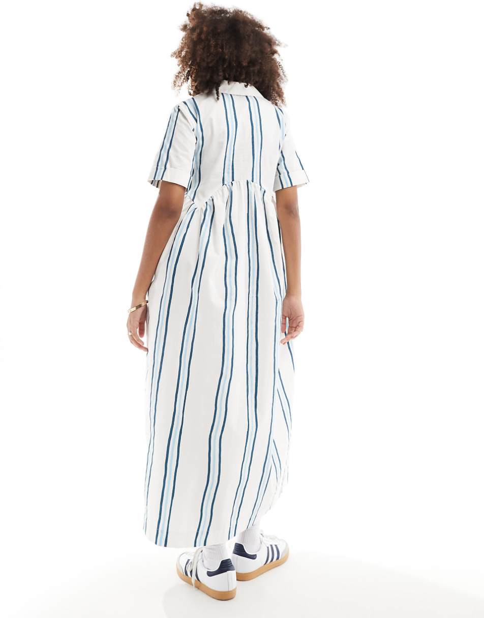 ASOS DESIGN midi shirt dress with camp collar and corset hem in two tone stripe