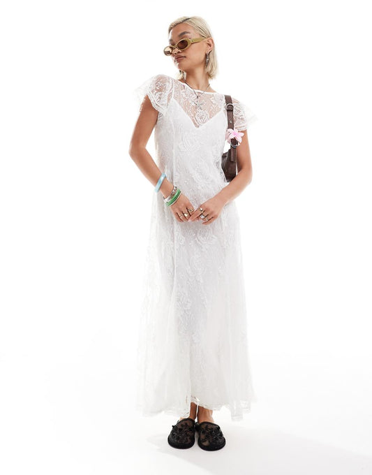 Reclaimed Vintage lace maxi dress with slip in white