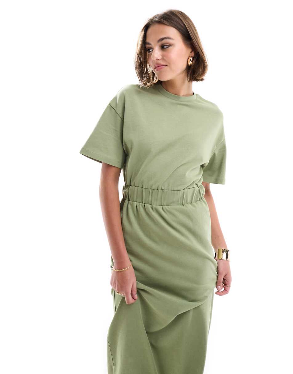 ASOS DESIGN elastic waist t shirt midi dress in khaki