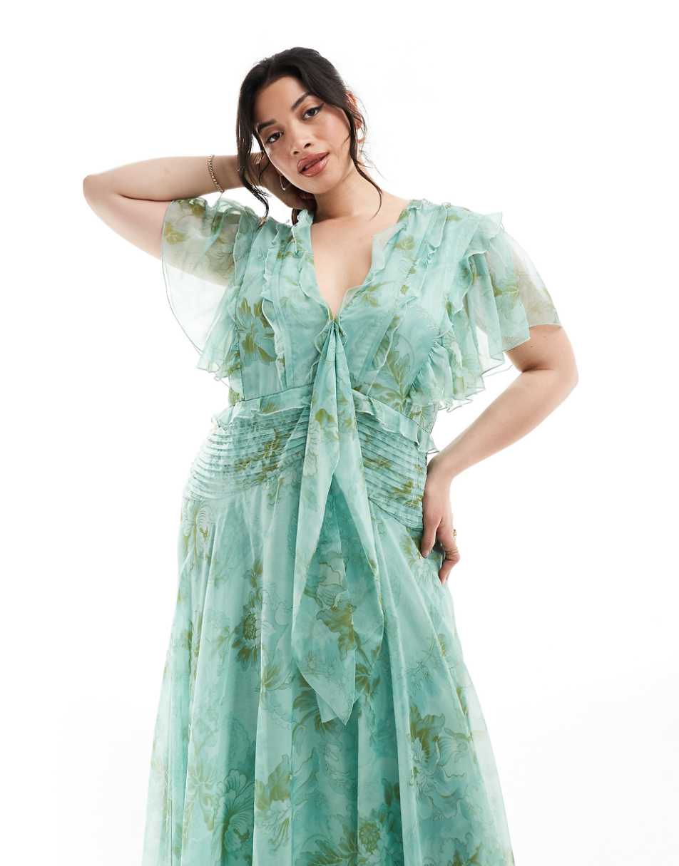 ASOS DESIGN Curve flutter sleeve tie front midi dress in sage floral print