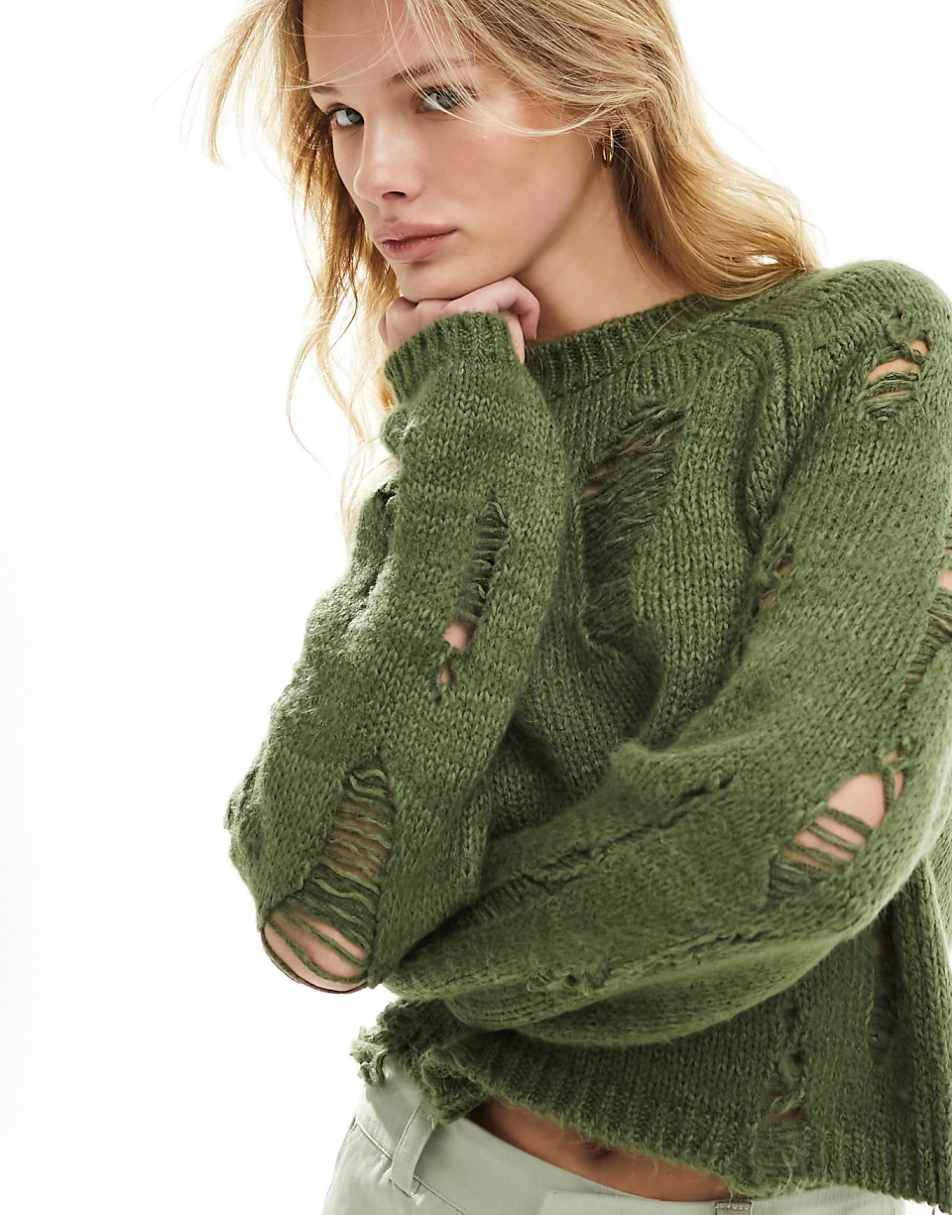 ASOS DESIGN crop cotton cable ladder stitch sweater in khaki