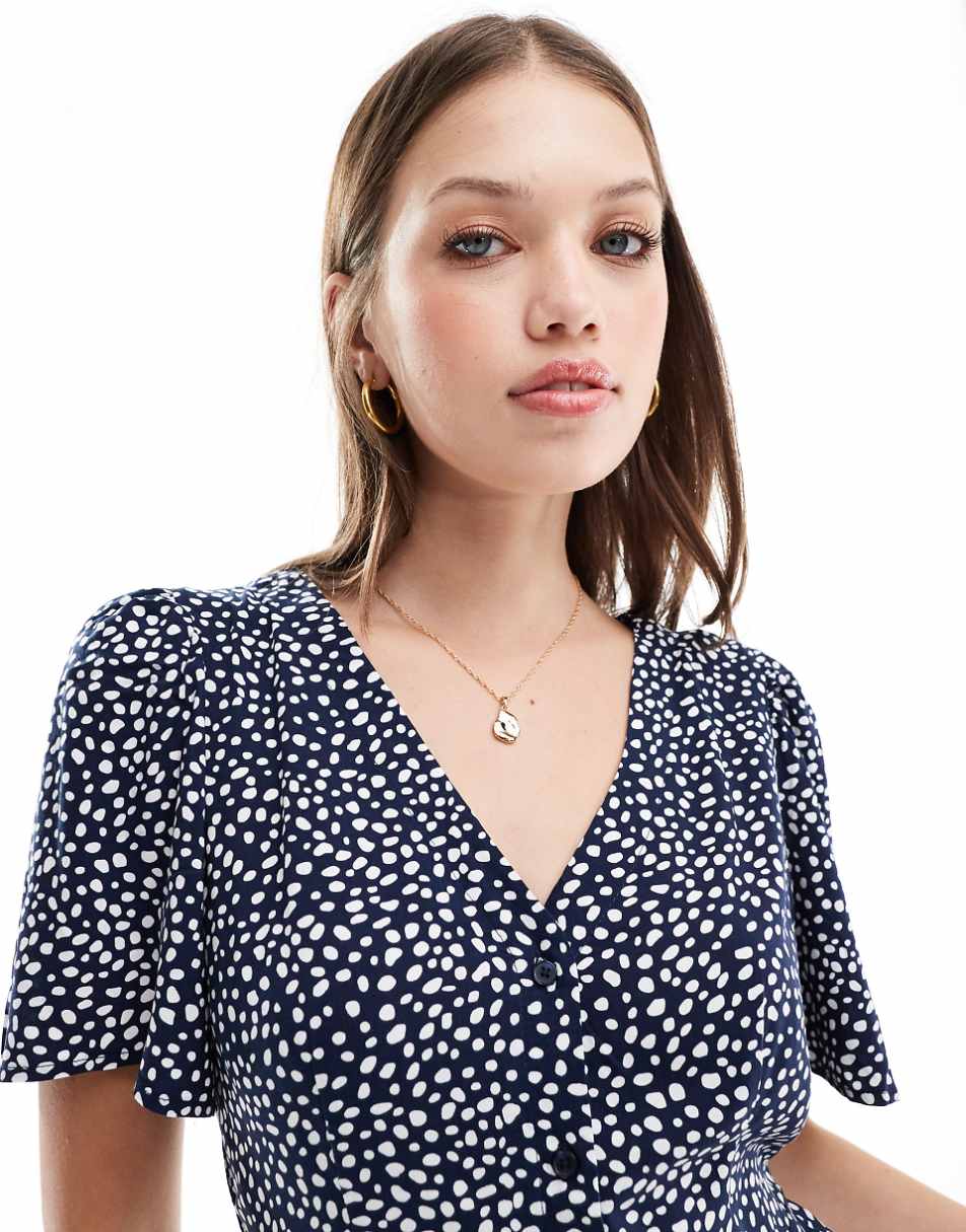 Vero Moda button up mini skater dress in navy spot print