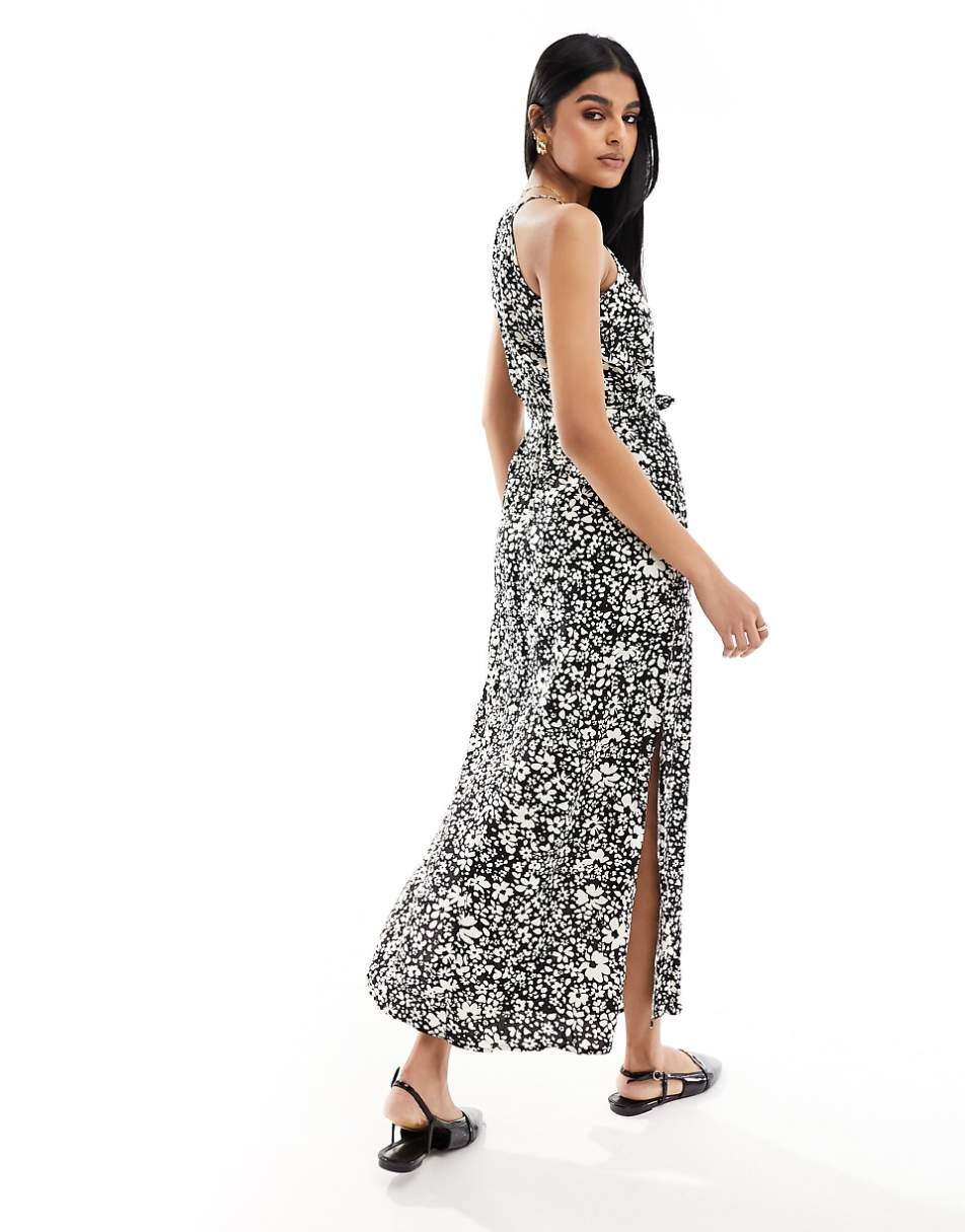 Vero Moda jersey halterneck maxi dress with tie waist in mono floral print