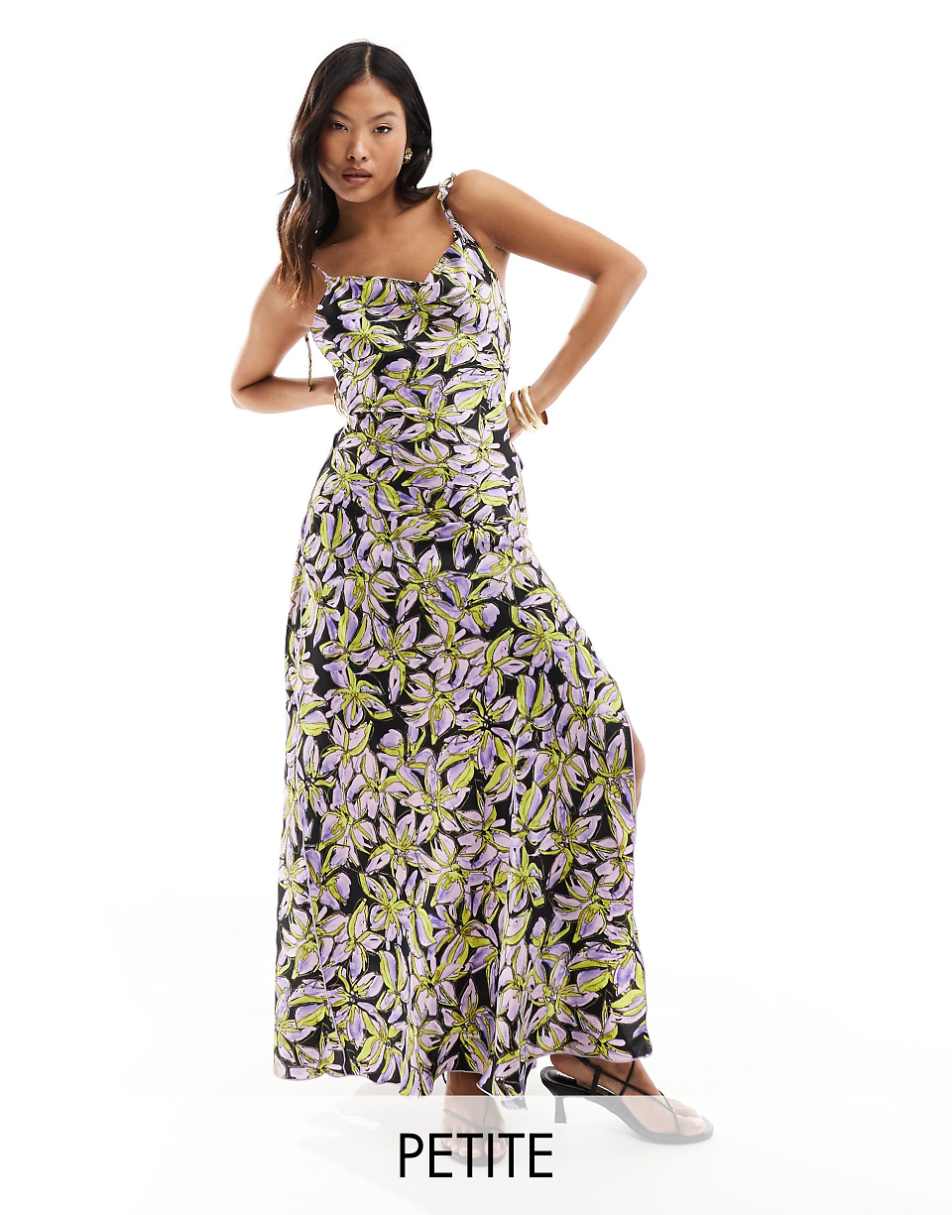 Vero Moda Petite satin tie shoulder maxi slip dress with seam detail in purple print