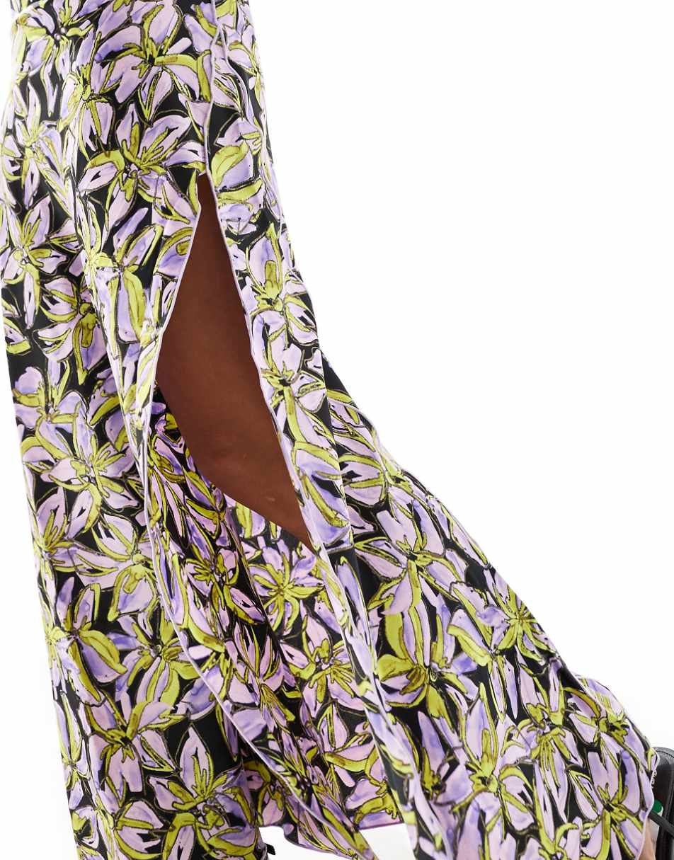 Vero Moda Petite satin tie shoulder maxi slip dress with seam detail in purple print