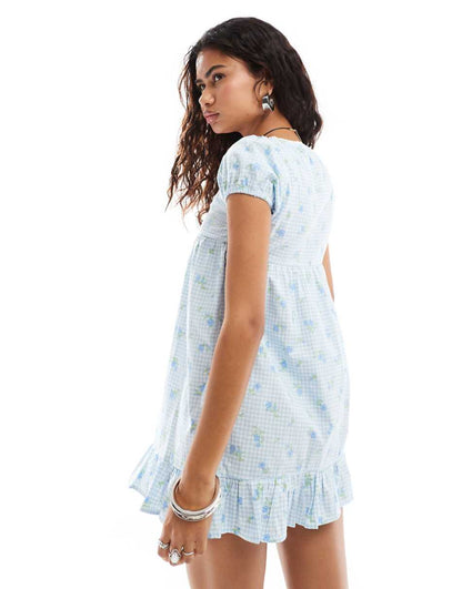 Motel ditsy floral gingham babydoll mini dress in blue