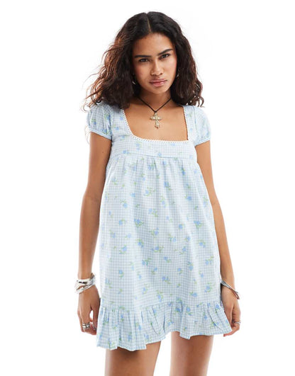 Motel ditsy floral gingham babydoll mini dress in blue