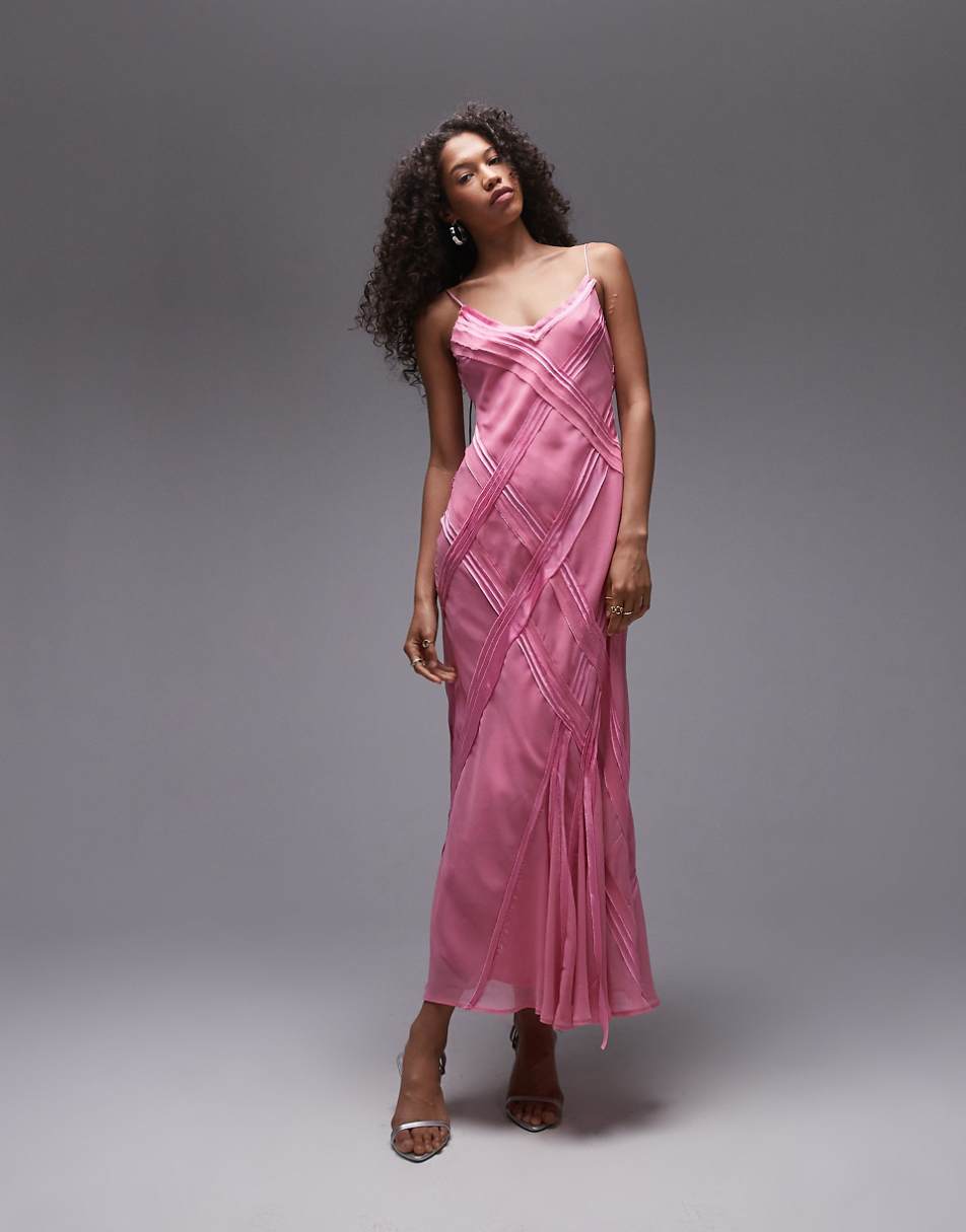 Topshop premium raw seam detail midi slip dress in sweet pink