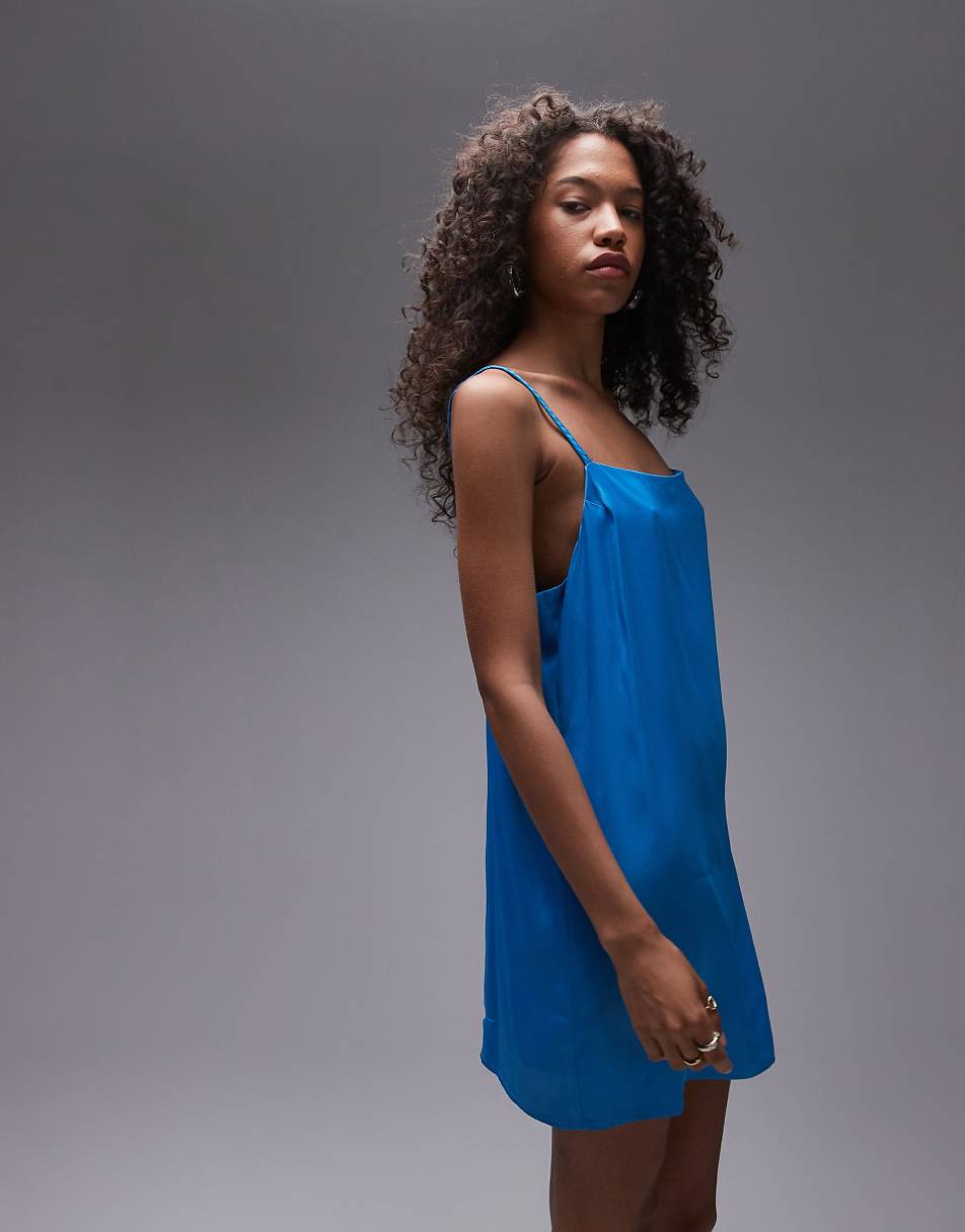 Topshop mini slip dress with plaited strap in blue