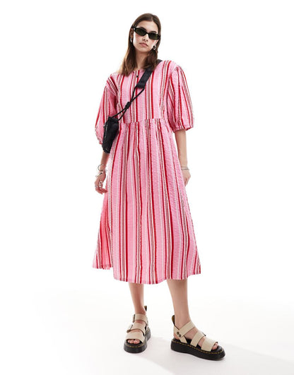 Monki seersucker smock midi dress in multi color stripe
