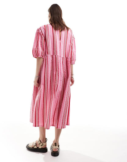 Monki seersucker smock midi dress in multi color stripe