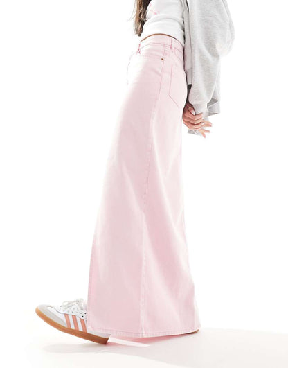 Monki midaxi denim skirt with front slit in pink