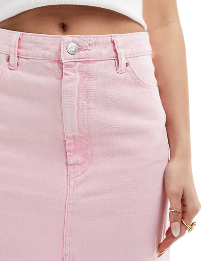 Monki midaxi denim skirt with front slit in pink
