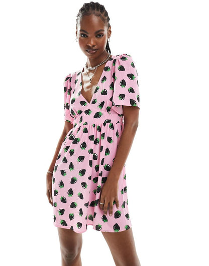 Monki short sleeve mini sun dress with v neck in pink and black strawberry print