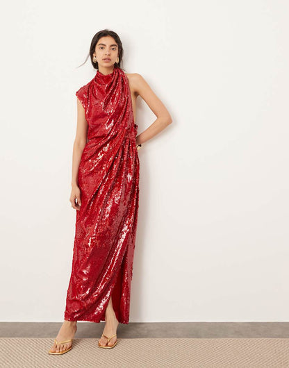 ASOS EDITION sequin sleeveless draped slouchy halter maxi in red