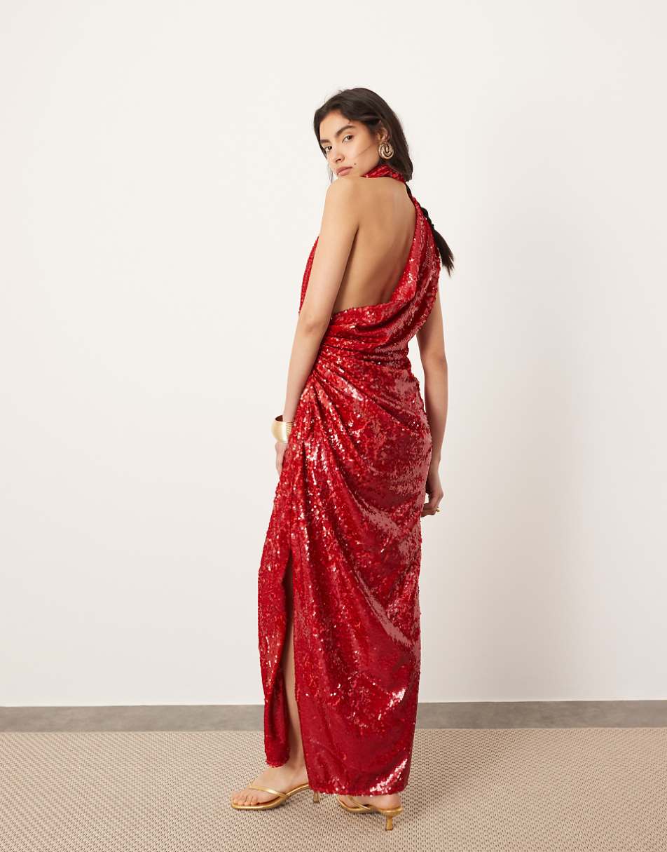 ASOS EDITION sequin sleeveless draped slouchy halter maxi in red
