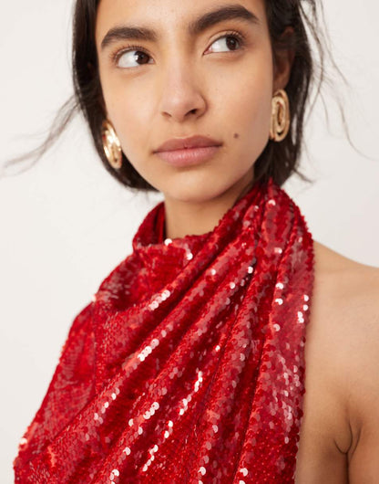 ASOS EDITION sequin sleeveless draped slouchy halter maxi in red