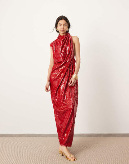 ASOS EDITION sequin sleeveless draped slouchy halter maxi in red