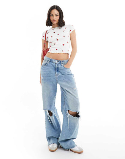 Miss Selfridge short sleeve ruffle sleeve T-shirt with cherry embroidery in white