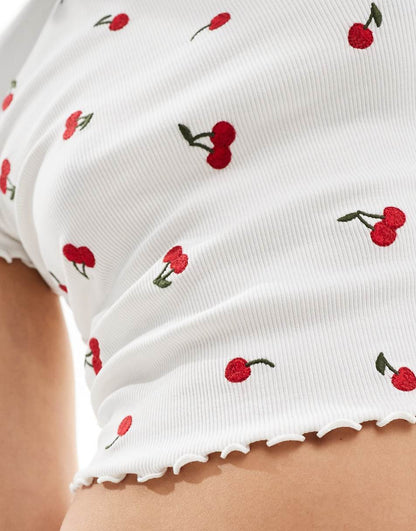 Miss Selfridge short sleeve ruffle sleeve T-shirt with cherry embroidery in white
