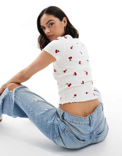 Miss Selfridge short sleeve ruffle sleeve T-shirt with cherry embroidery in white