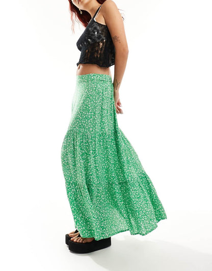 Monki tiered maxi skirt in red meadow floral