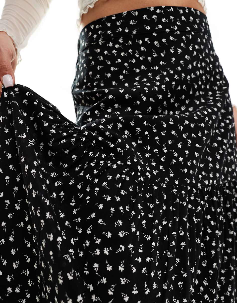 Monki tiered maxi skirt in black meadow floral