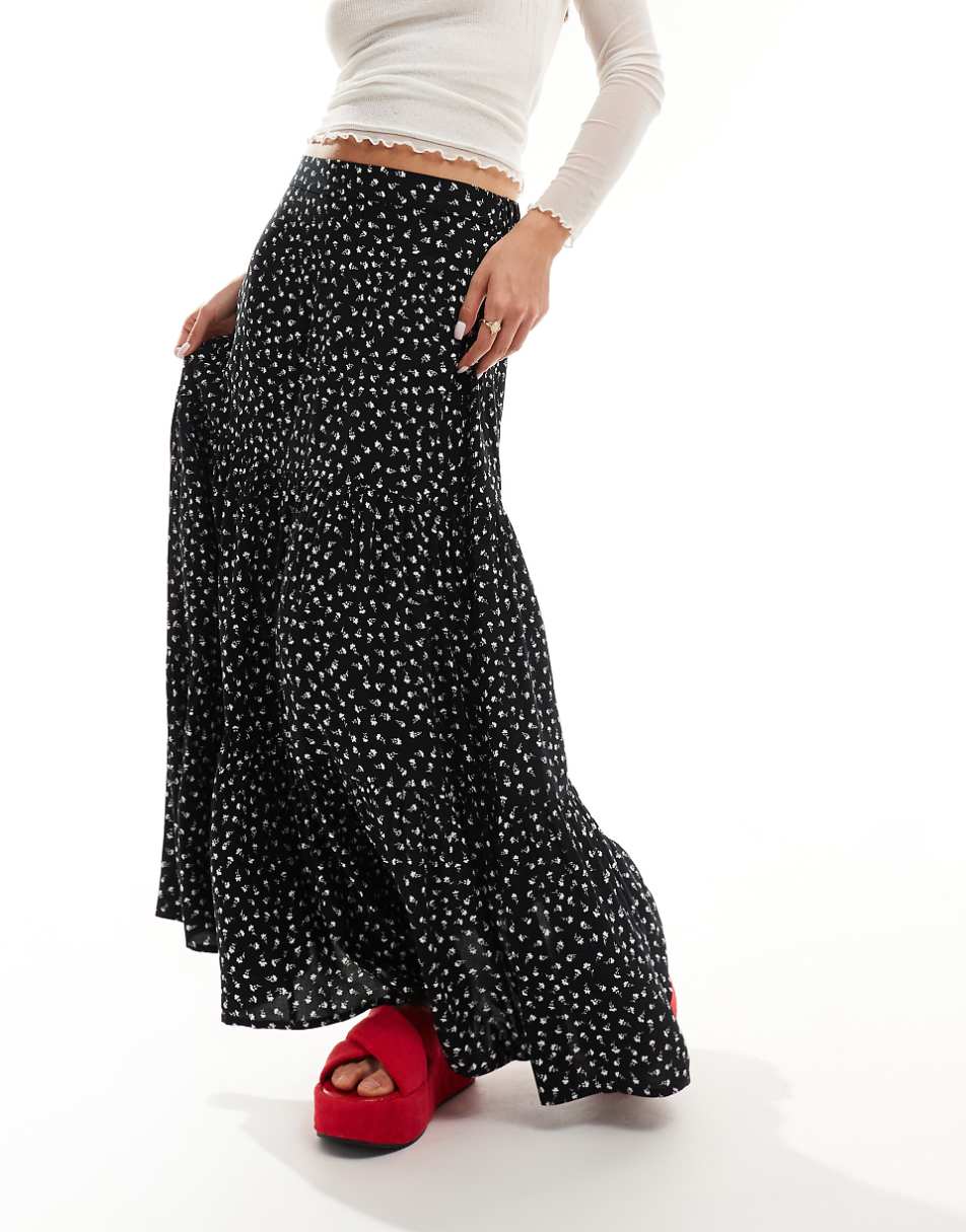 Monki tiered maxi skirt in black meadow floral