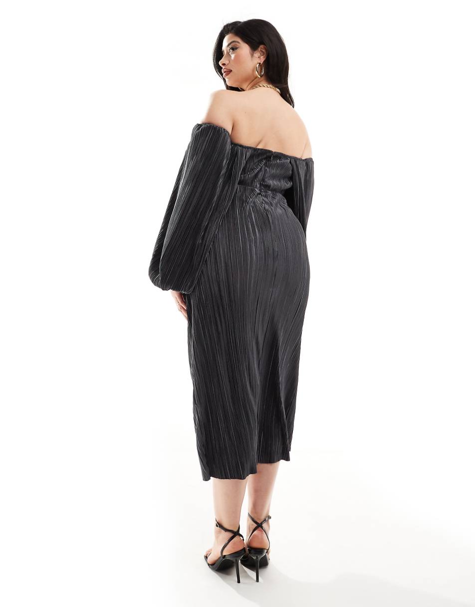 ASOS DESIGN Curve plisse overlay midi dress with open back detail in charcoal