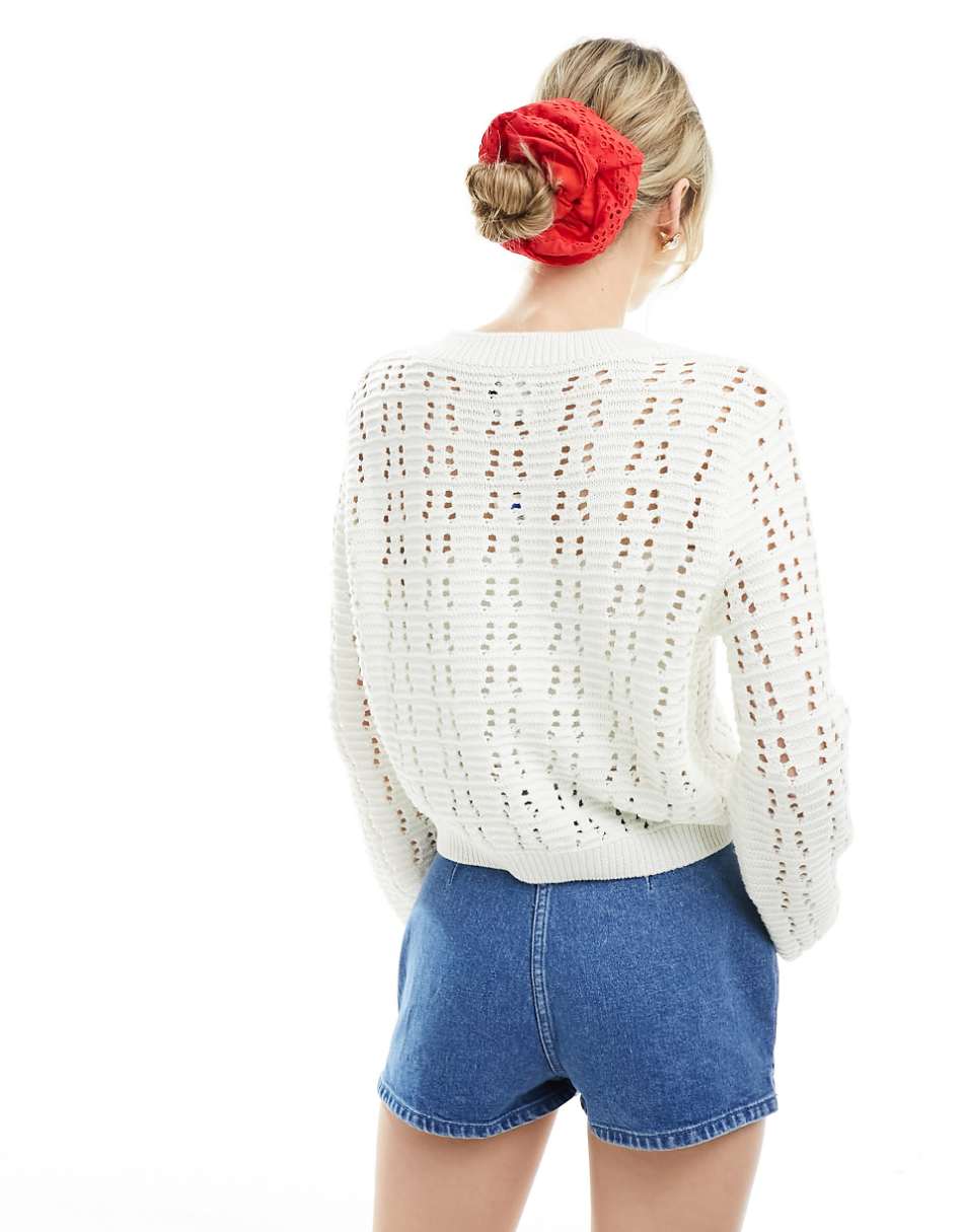 ASOS DESIGN tie front open stitch cardigan in cream
