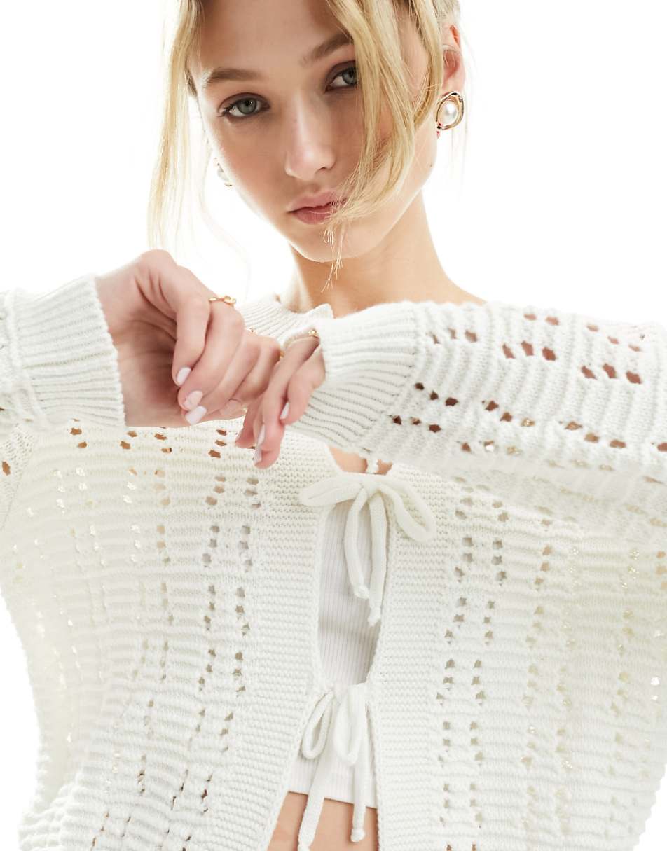 ASOS DESIGN tie front open stitch cardigan in cream