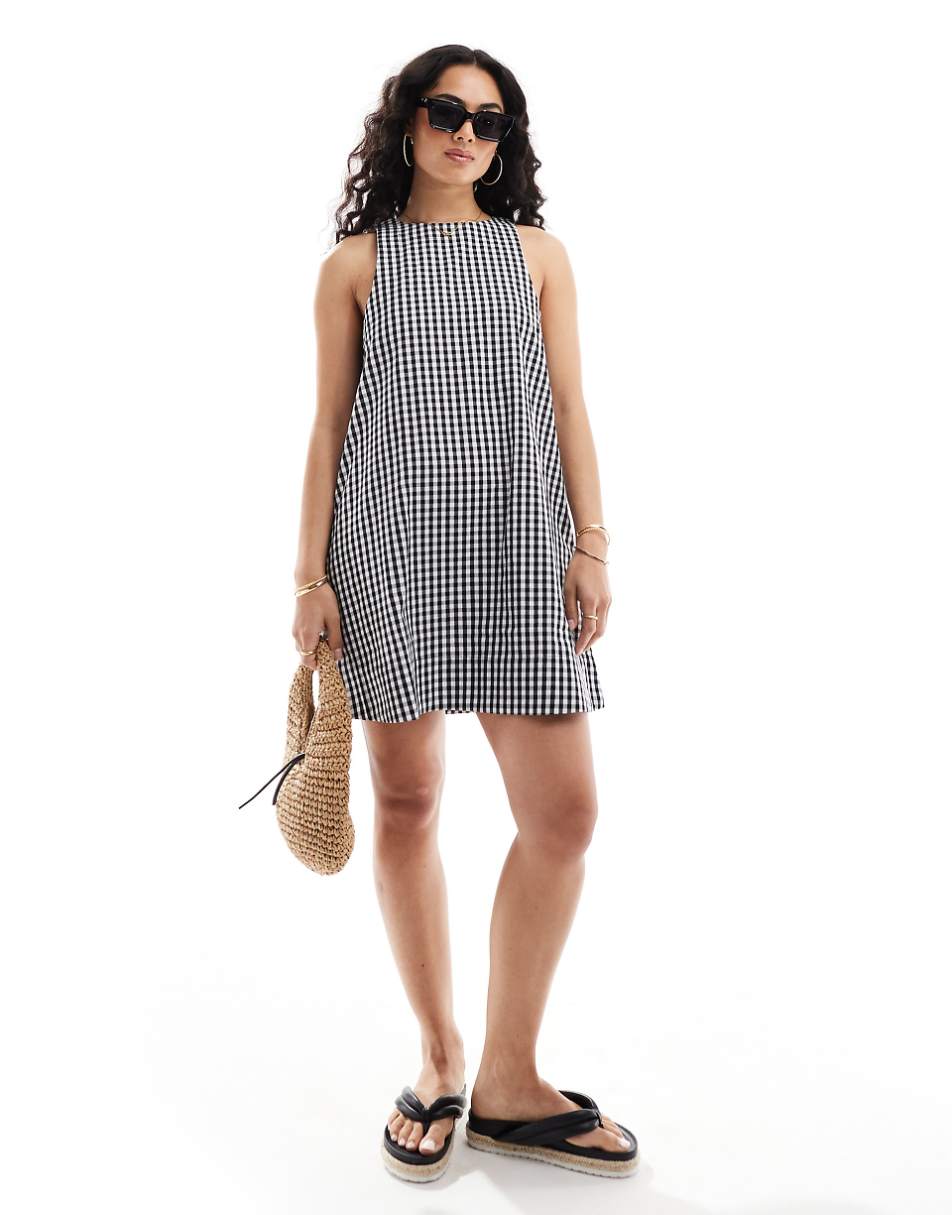 ASOS DESIGN high neck swing mini linen sundress in mono gingham