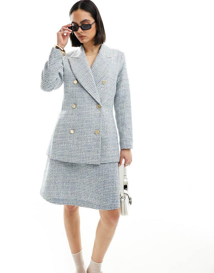 Closet London double breasted blazer in baby blue tweed check - part of a set