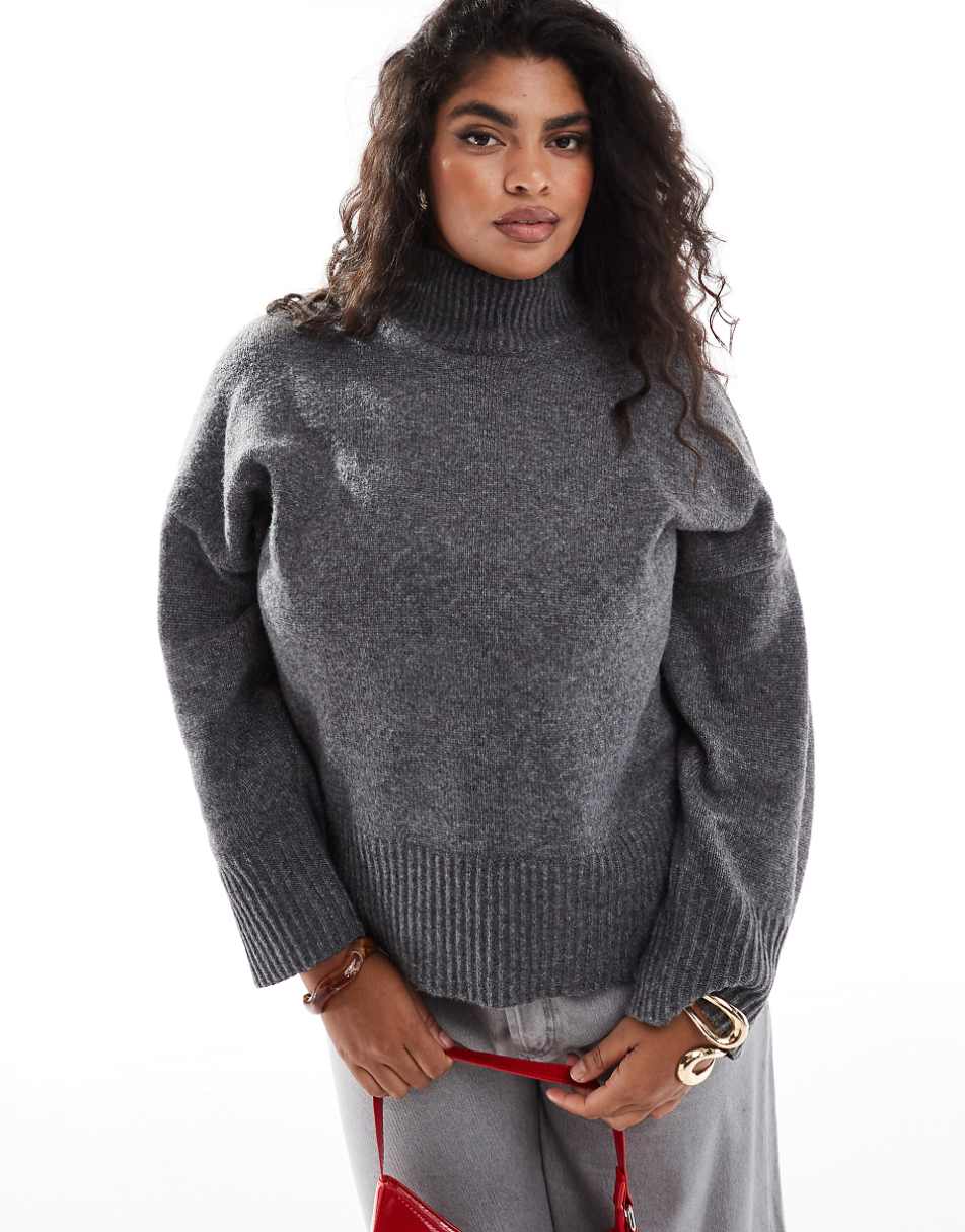 ASOS DESIGN Curve knitted high neck sweater with turn back cuffs in charcoal