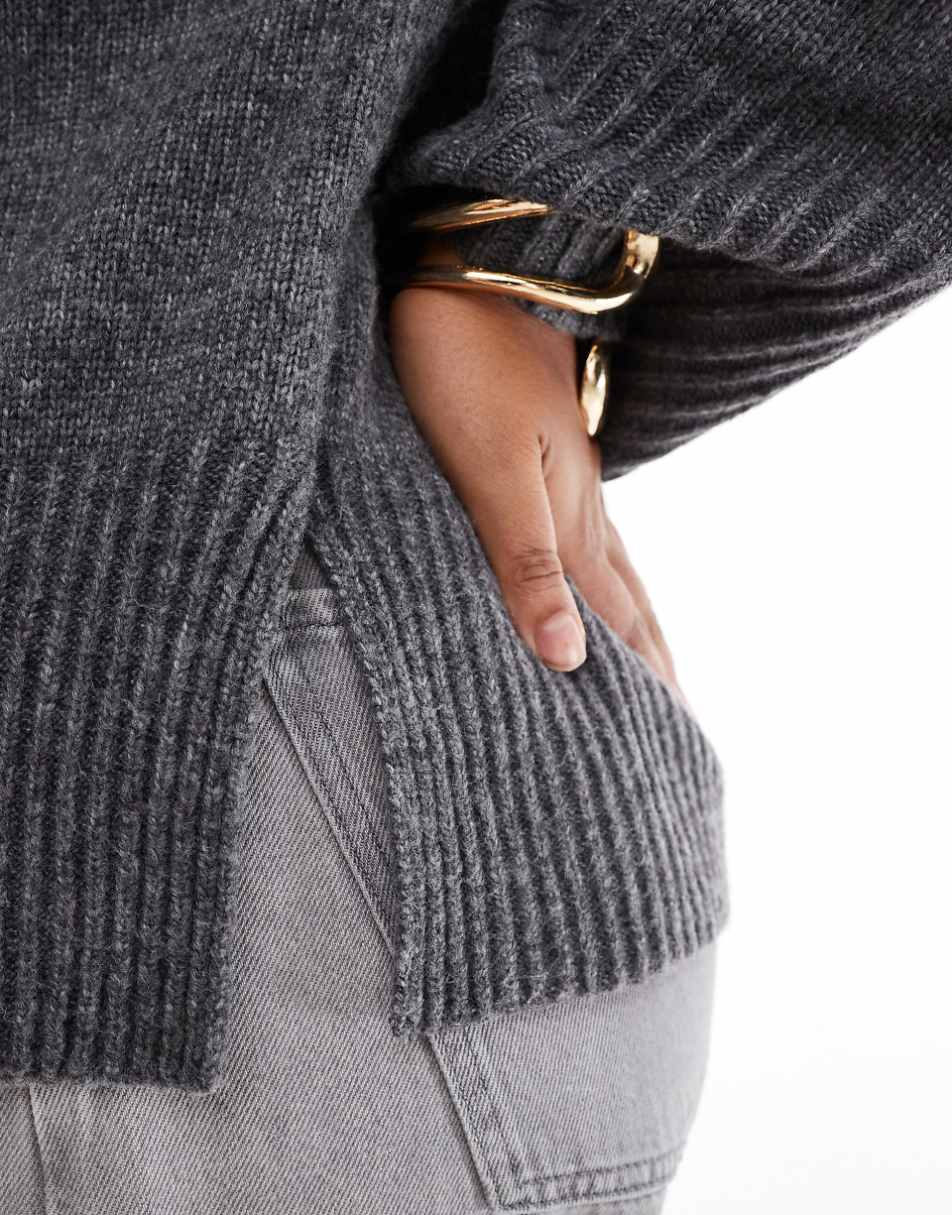 ASOS DESIGN Curve knitted high neck sweater with turn back cuffs in charcoal