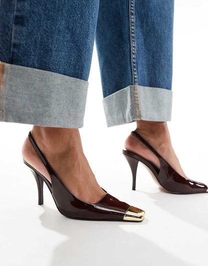 ASOS DESIGN Proud toe cap slingback heels in chocolate patent
