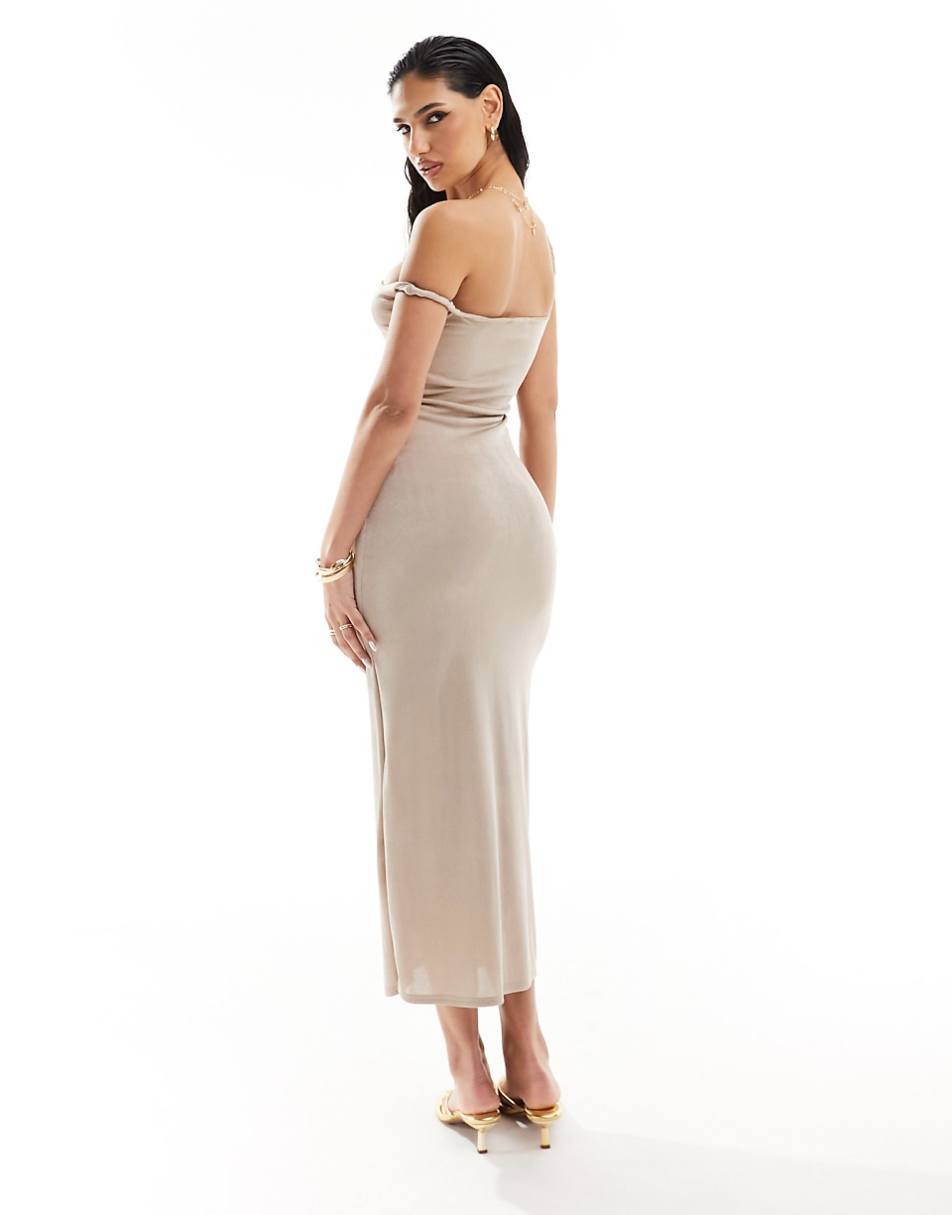 Kaiia slinky off shoulder bodycon midi dress in light taupe